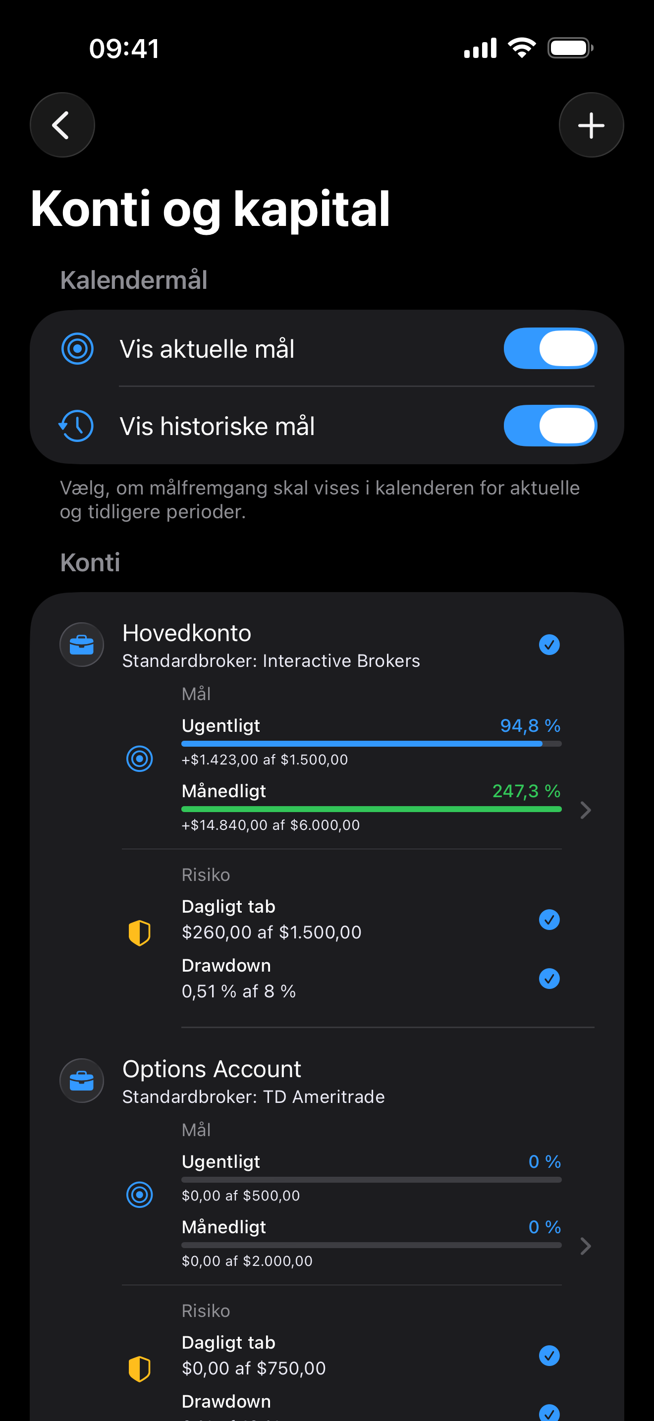 Accounts and capital settings inside Proloca