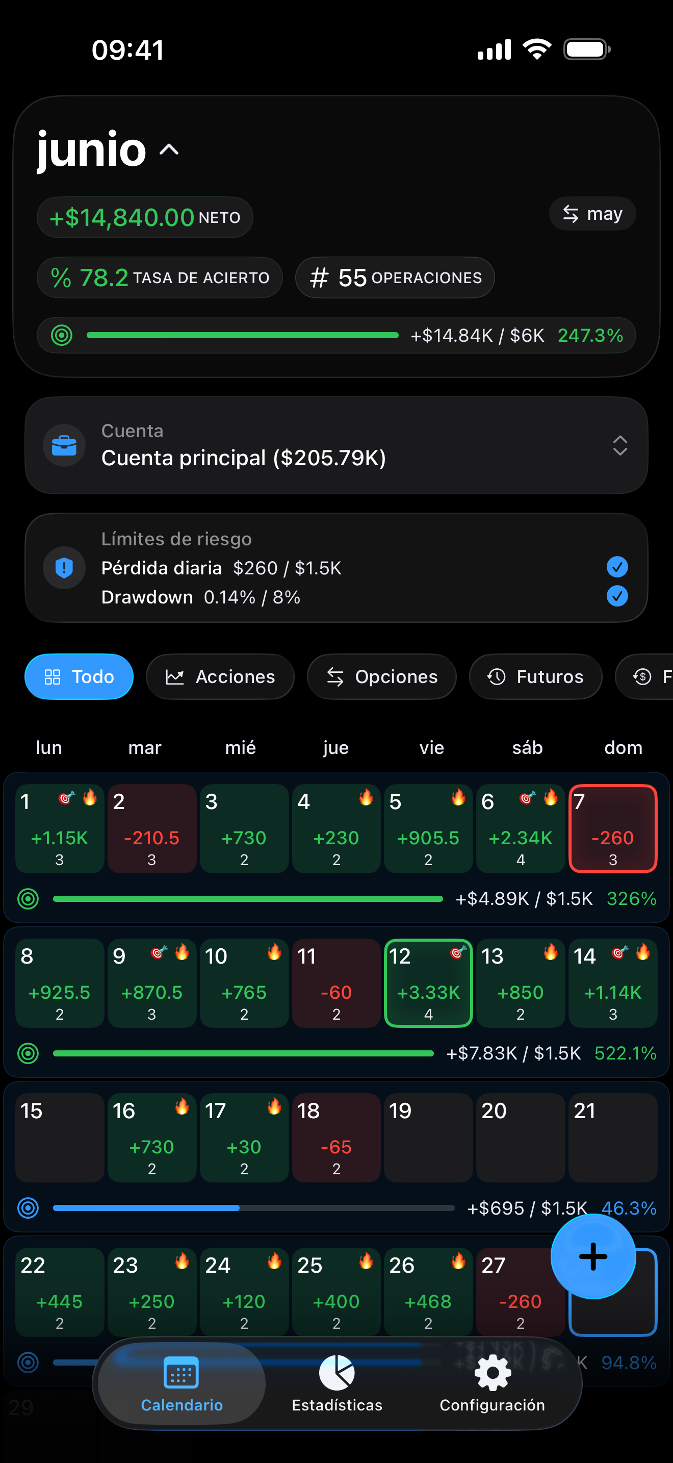 Vista de calendario de Proloca en iPhone