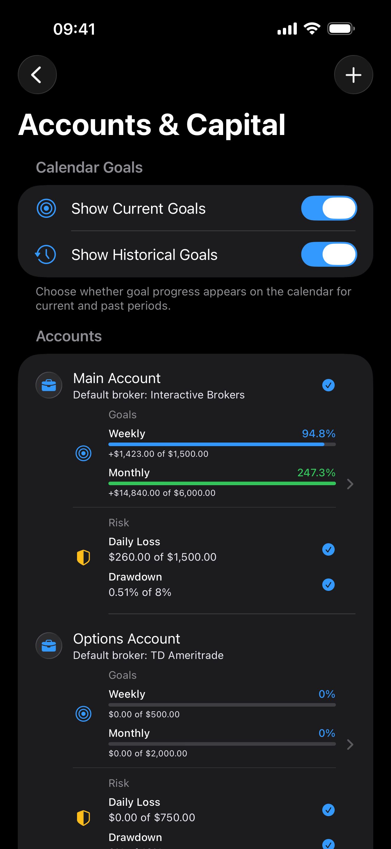 Accounts and capital settings inside Proloca
